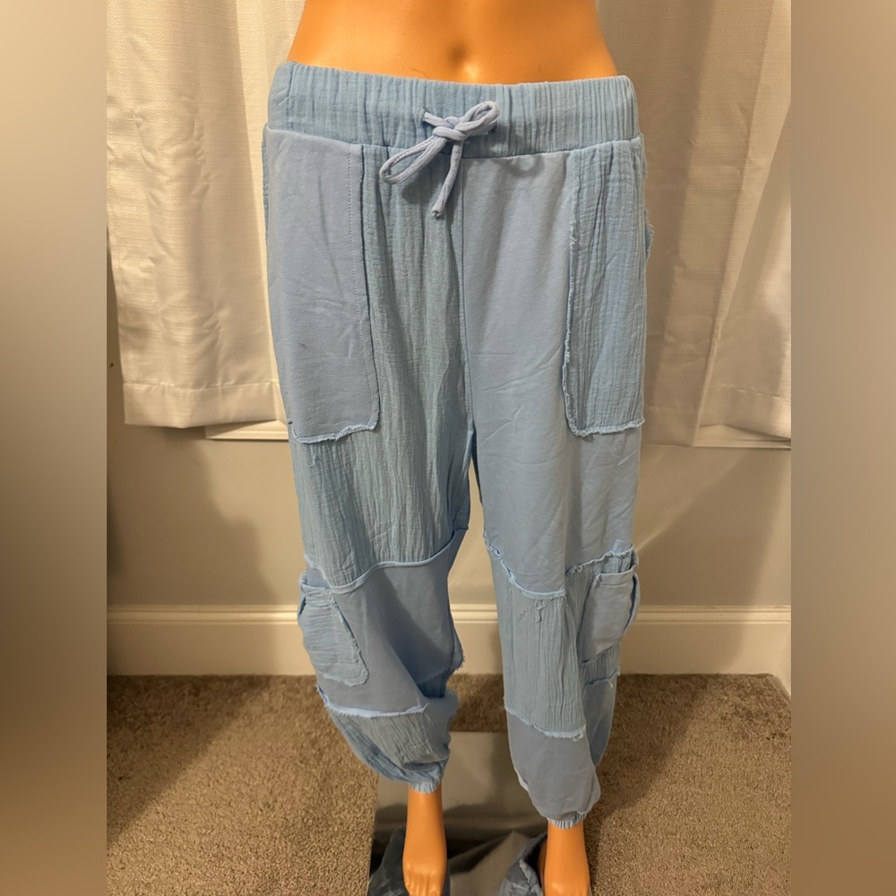 Cool POL size M blue multi fabric drawstring joggers new